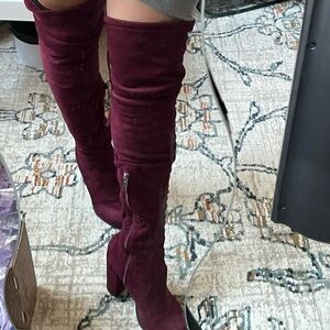 Over the knee suede maroon boots